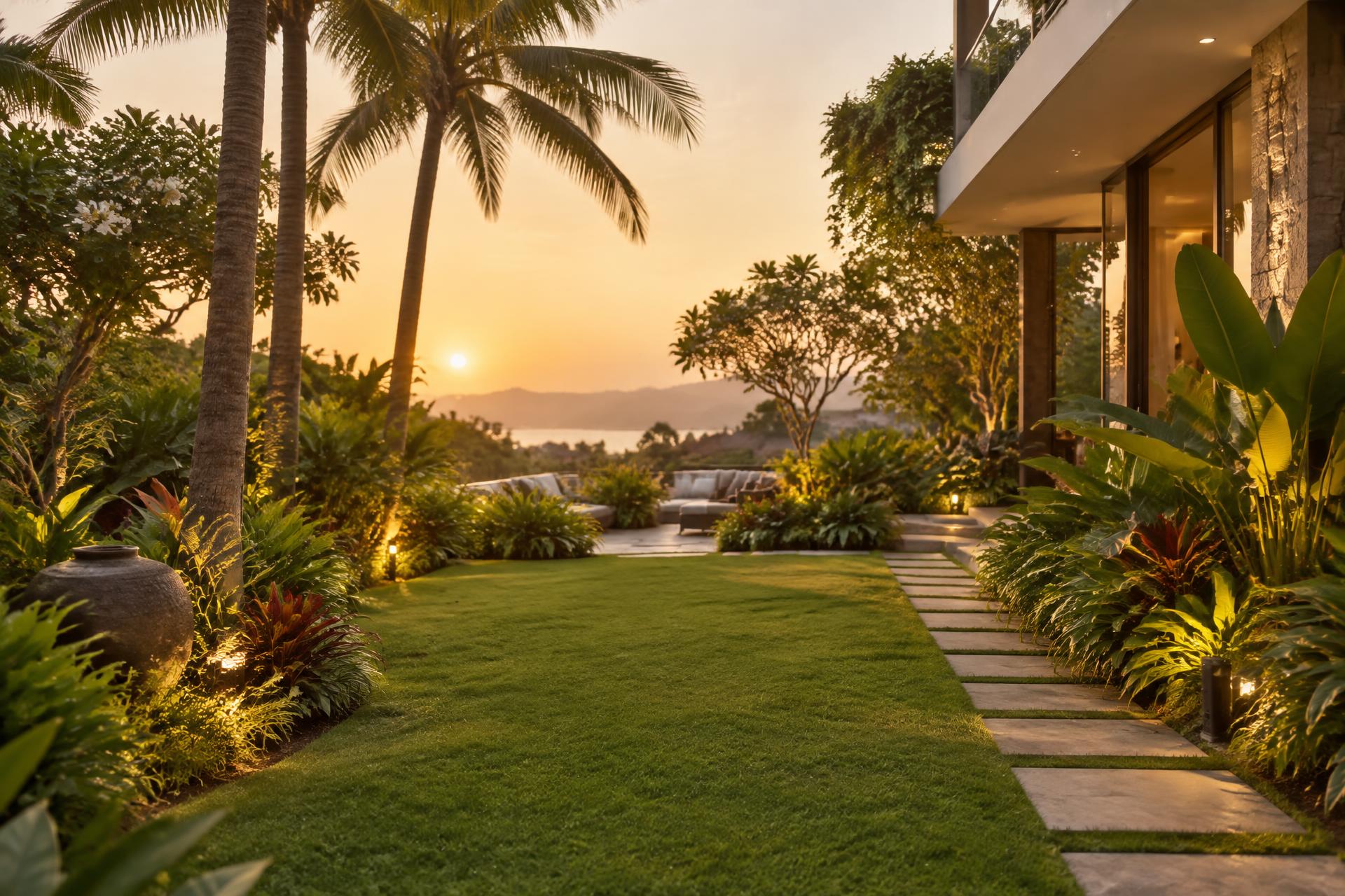 Landscaped villa garden with palms and lawn at sunset in Karachi